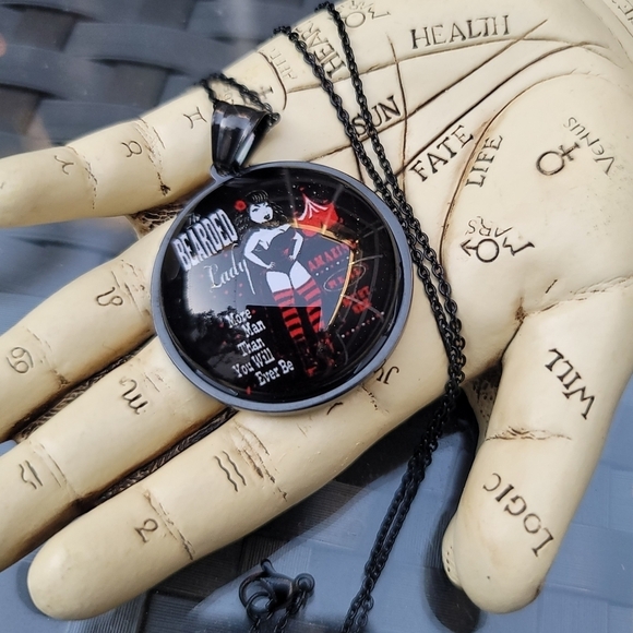 Bearded Lady ✦ Circus Pendant Necklace ✦ Stainless Steel Vintage Freakshow Art - Picture 3 of 6